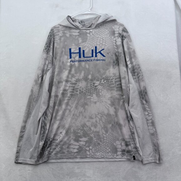 Huk Pullover Mens L Gray Yeti Hooded Performance Fishing Outdoor Lightweight - Picture 1 of 11